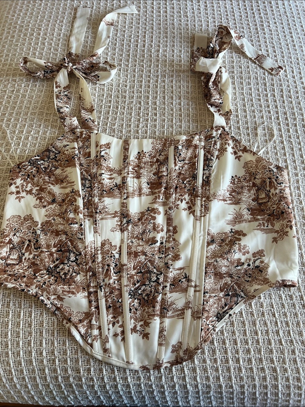 Fashion Nova Cream and Brown Toile Tie-Shoulder Corset Top